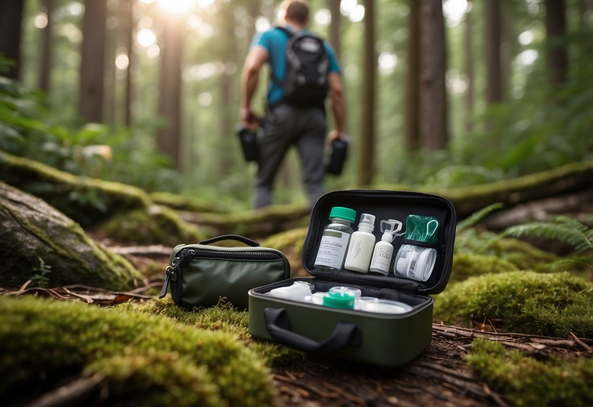 A compact VSSL First Aid Mini kit sits open on a forest floor, surrounded by wildlife watching gear