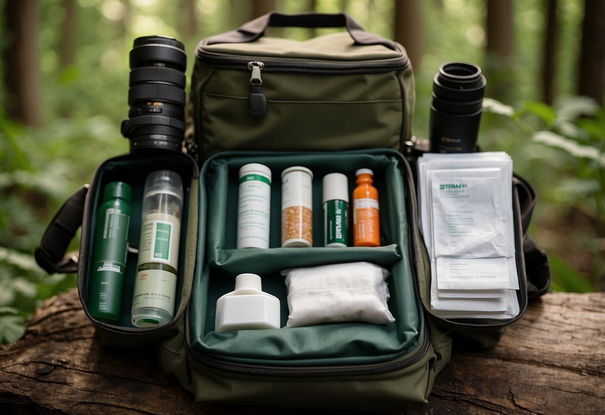 A compact first aid kit sits atop a backpack, surrounded by binoculars and a field guide. The setting is a lush, green forest with wildlife in the background