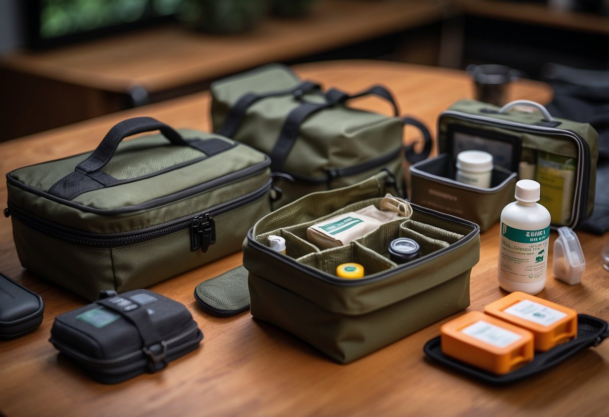 A wildlife watcher selects a lightweight first aid kit from a display of 5 options, considering factors like size and contents