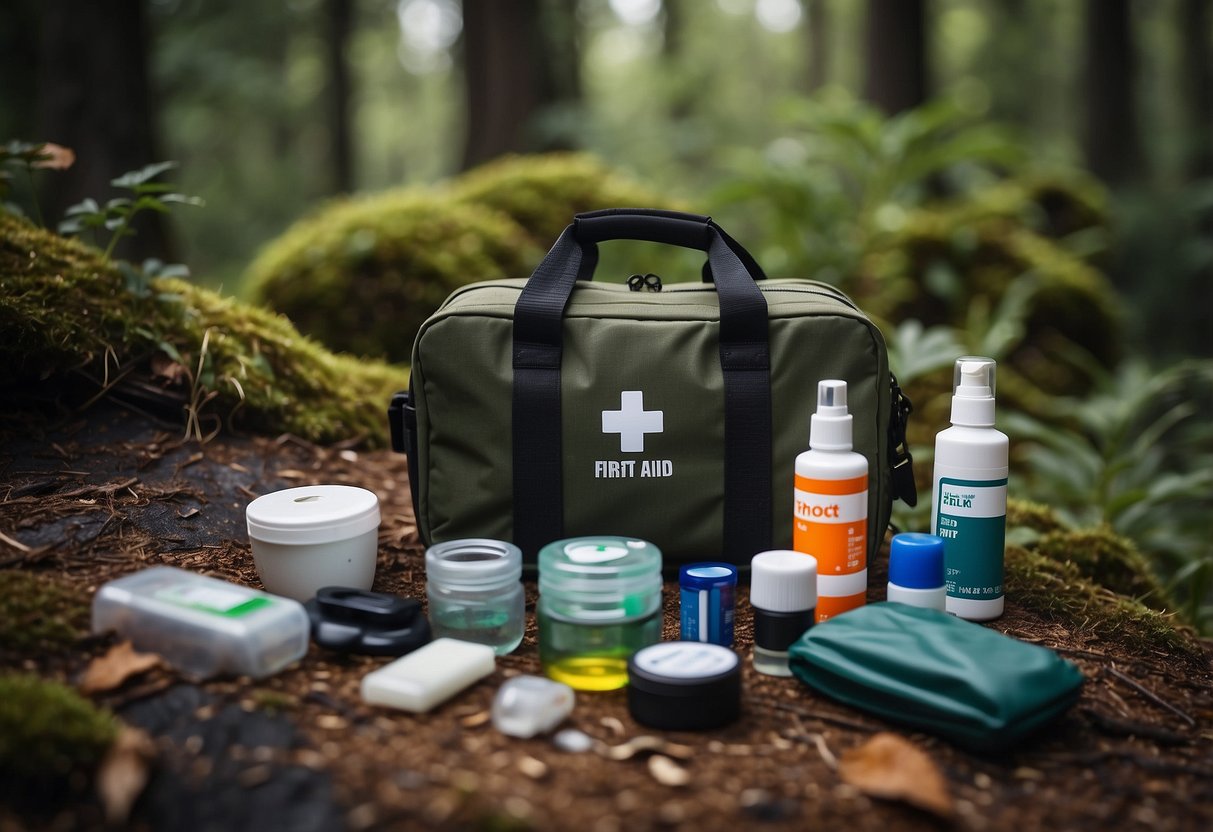 A compact first aid kit open on the ground, surrounded by wildlife watching gear and essential items