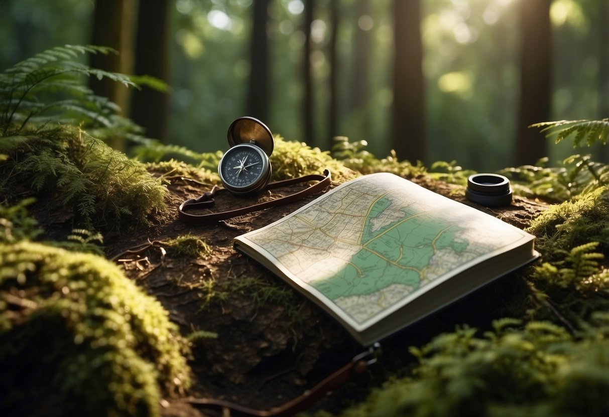 Lush forest with a winding trail, a map and compass in hand. Wildlife peeking from dense foliage, birds chirping overhead. Sunlight filtering through the canopy