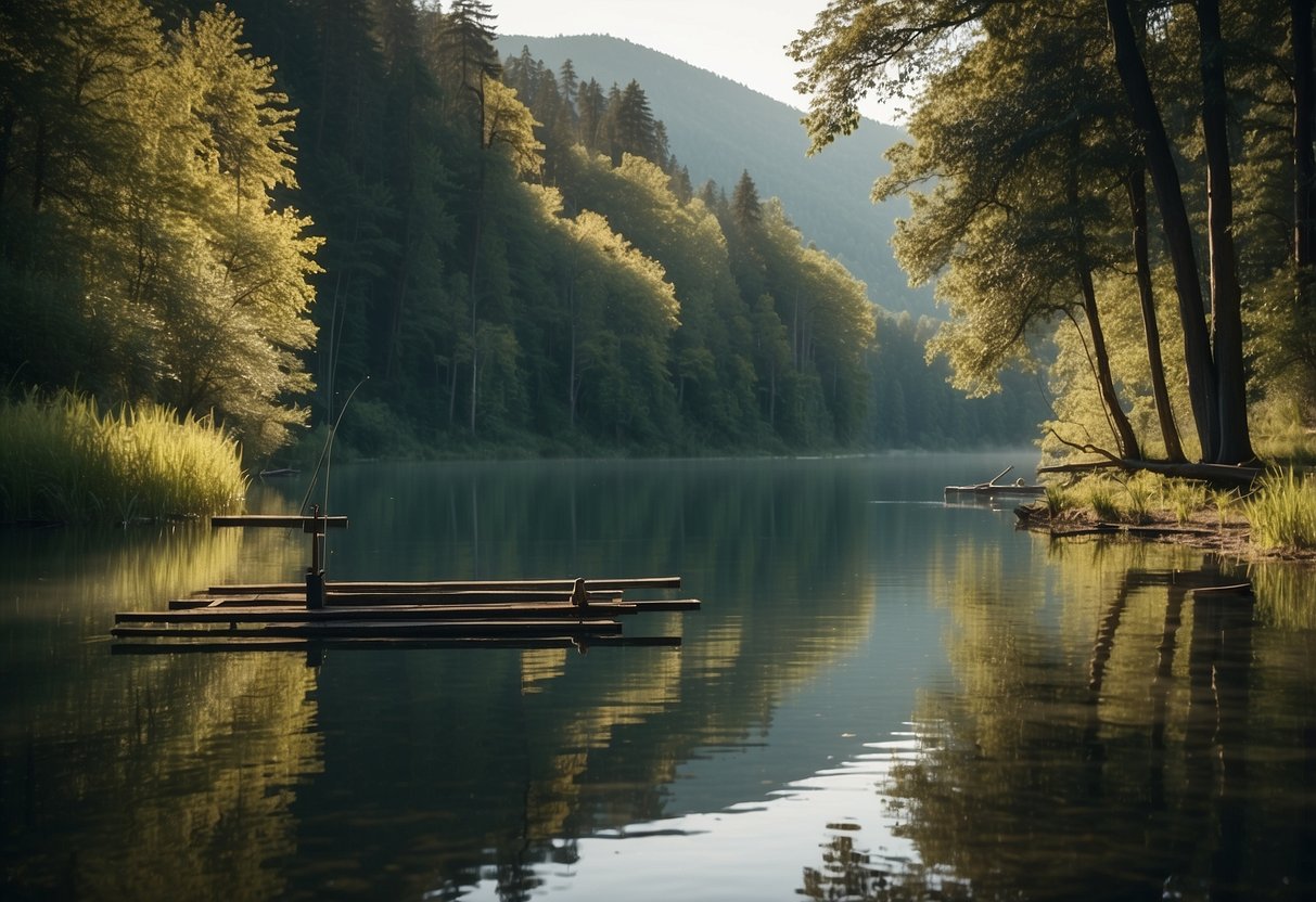 A serene lake surrounded by lush greenery, with five lightweight fishing rods set up on the shore, ready for wildlife watching