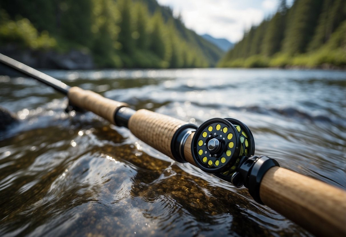 A fly fishing rod is held aloft against a backdrop of rushing water and wildlife, capturing the essence of lightweight, outdoor adventure