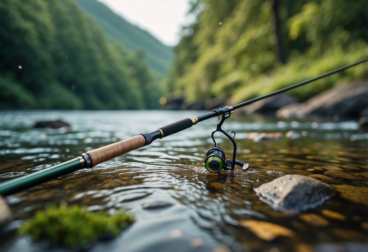 A serene riverbank with a Piscifun Sword Fly Fishing Rod in hand, surrounded by lush greenery and wildlife