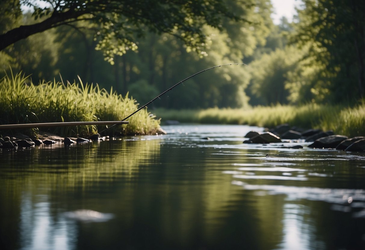 A tranquil riverbank with a Clearwater fly rod casting into the water, surrounded by lush greenery and wildlife