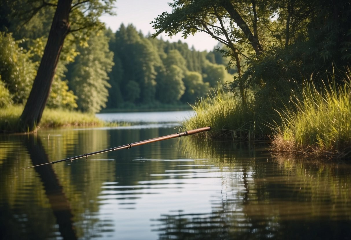 A serene lake surrounded by lush greenery, with a fly fishing rod resting against a tree, ready for use. Wildlife, such as birds or fish, can be seen in the distance