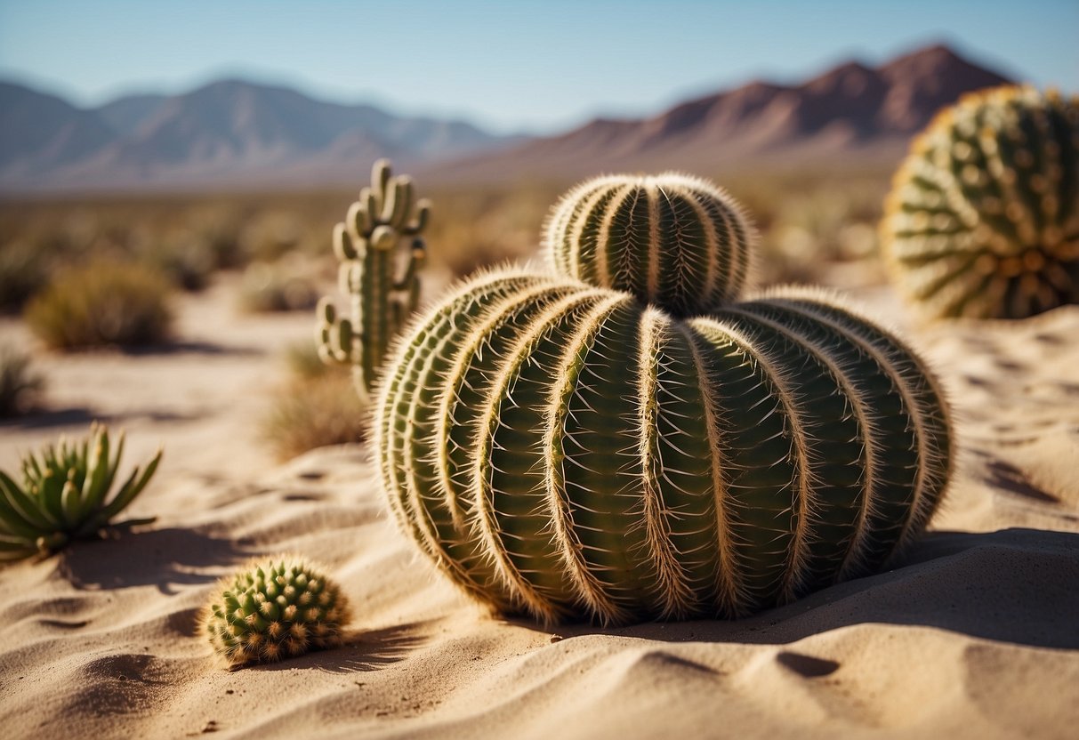 Desert wildlife roam across sandy dunes, under the scorching sun. Cacti stand tall, while lizards scuttle and snakes slither through the arid landscape