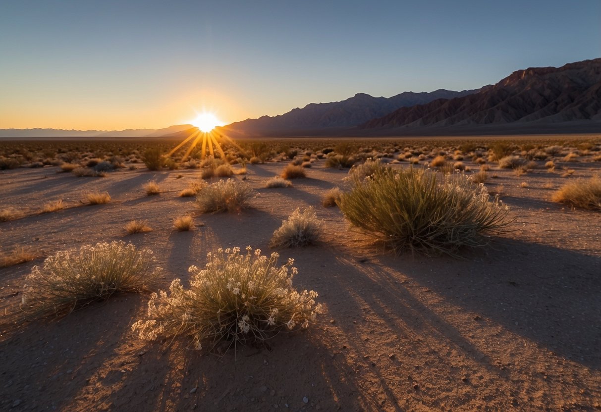 The sun sets over the vast desert landscape of Death Valley National Park, casting long shadows over the rugged terrain. Desert wildlife emerges, including bighorn sheep, coyotes, and roadrunners