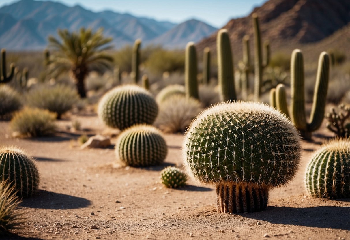 Vast desert landscape with cacti, Joshua trees, and rugged mountains in the background. Wildlife such as bighorn sheep, roadrunners, and desert iguanas roam the sandy terrain