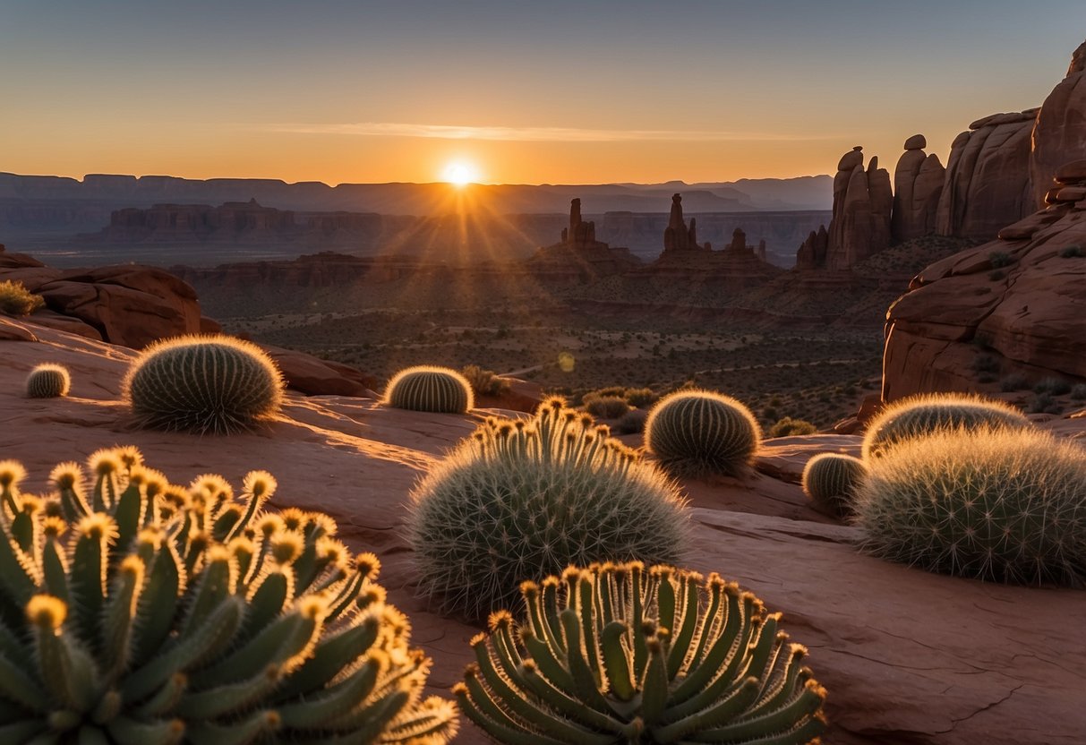 Sunset over red rock formations, cacti, and desert wildlife in Arches National Park, Utah. Sandstone arches and canyons in the background