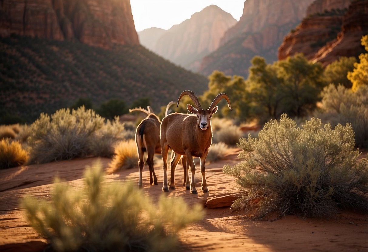 Golden sunlight illuminates the red rock formations of Zion National Park. Desert wildlife, such as bighorn sheep and mule deer, roam freely among the rugged terrain