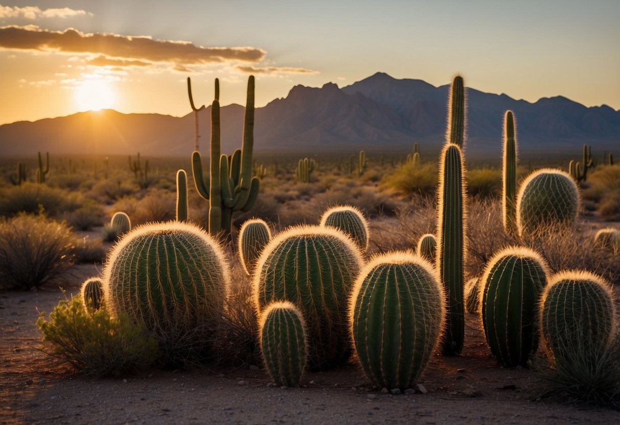 The sun sets over the Organ Pipe Cactus National Monument, casting a warm glow on the towering cacti and surrounding desert landscape. Wildlife roams freely, providing ample opportunities for observation and illustration