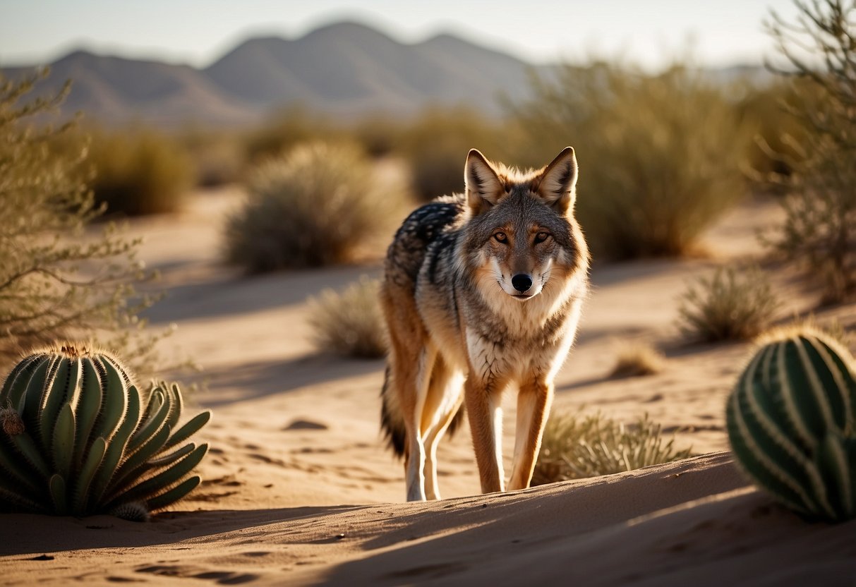 Desert wildlife roam under the golden sun, amidst cacti and rocky terrain. A coyote prowls, while a hawk soars overhead. Sand dunes stretch into the horizon