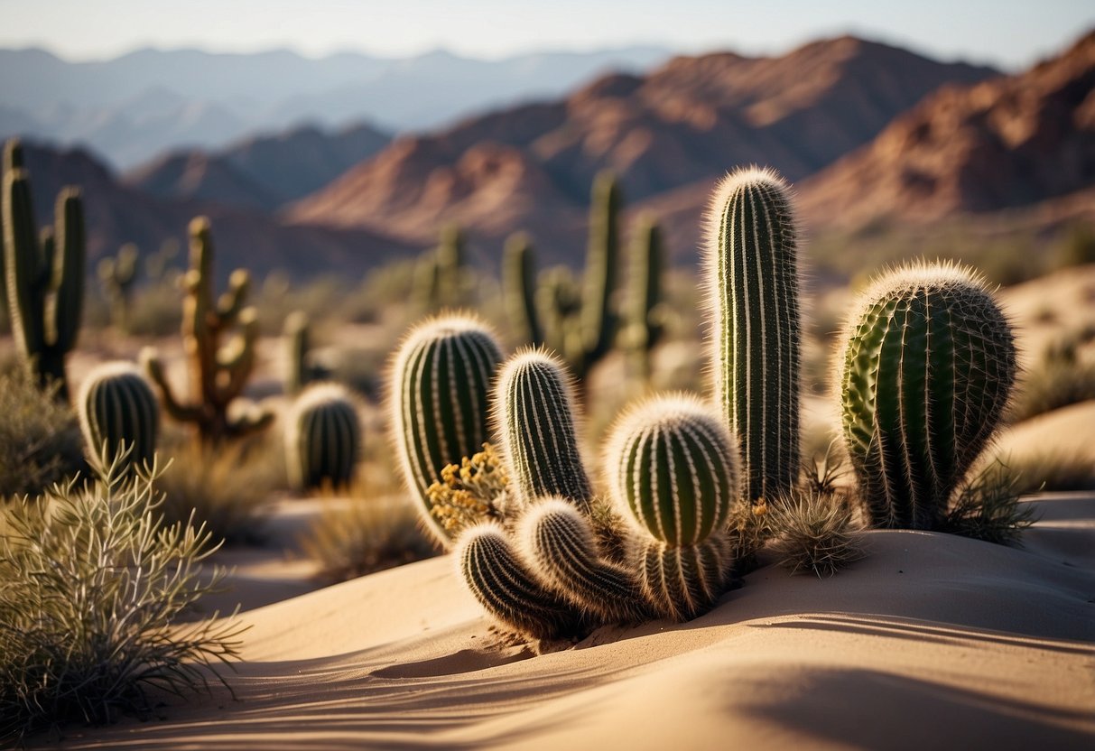 A desert landscape with cacti, sand dunes, and rocky outcrops. Various wildlife such as lizards, snakes, and birds are seen in their natural habitat