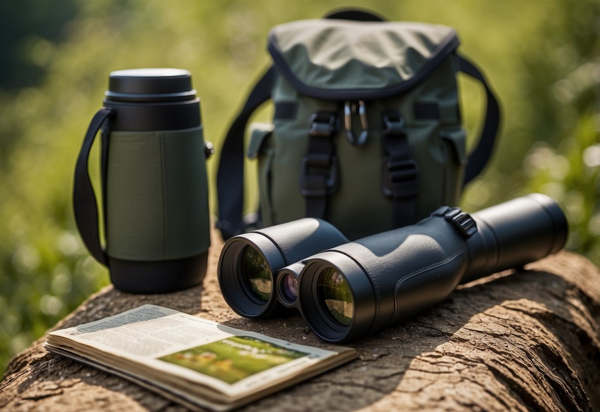 Wildlife watching tips: binoculars in hand, bird guidebook open, backpack with water, camera, and snacks, comfortable hiking boots, sunscreen, and a wide-brimmed hat for sun protection