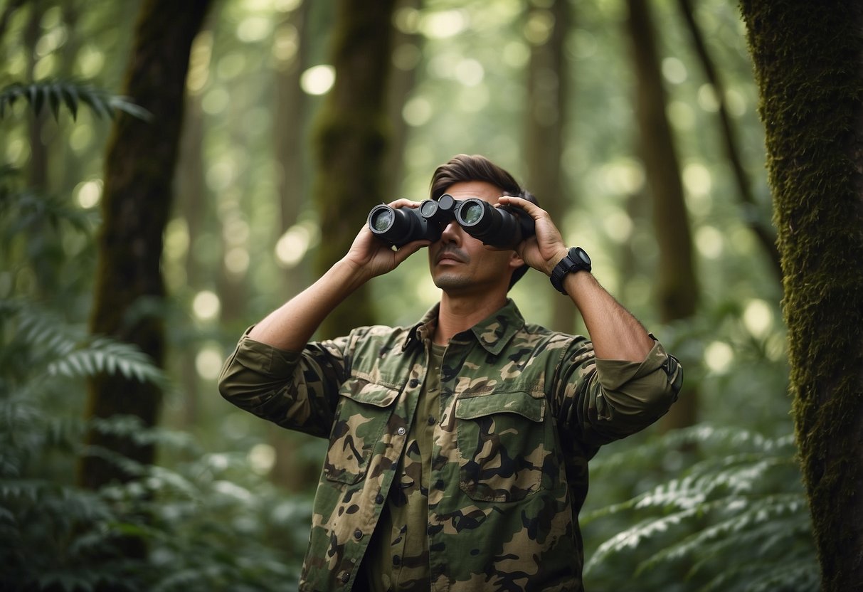 A person wearing camouflage clothing watches wildlife in a lush forest, binoculars in hand, surrounded by trees and wildlife