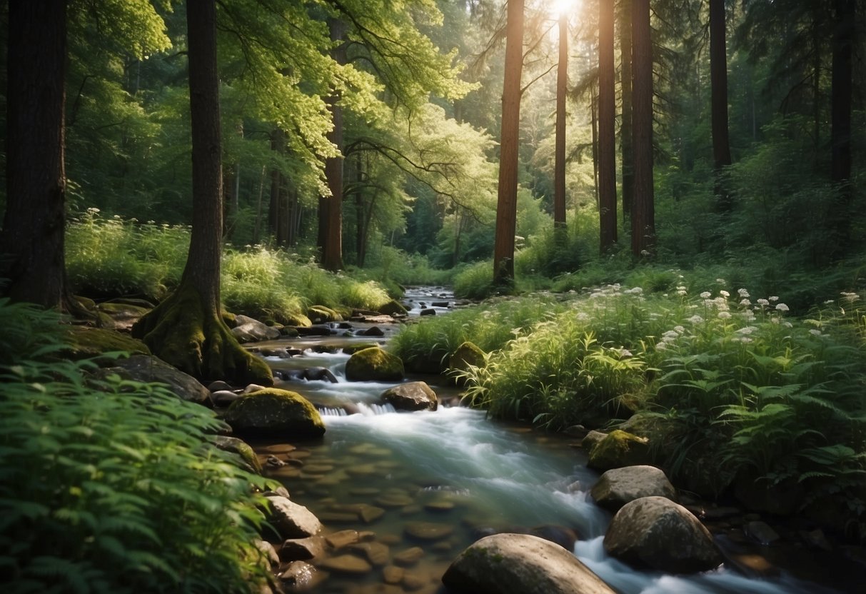 A serene forest clearing with diverse wildlife, a flowing stream, and vibrant flora, evoking tranquility and patience