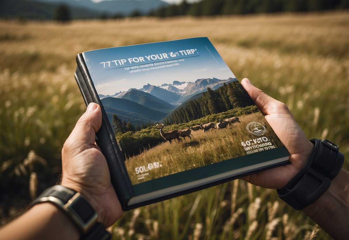 A hand holding a field guidebook open to a page titled "7 Tips for Making Your Wildlife Watching Trip More Enjoyable" with a pair of binoculars and a nature scene in the background