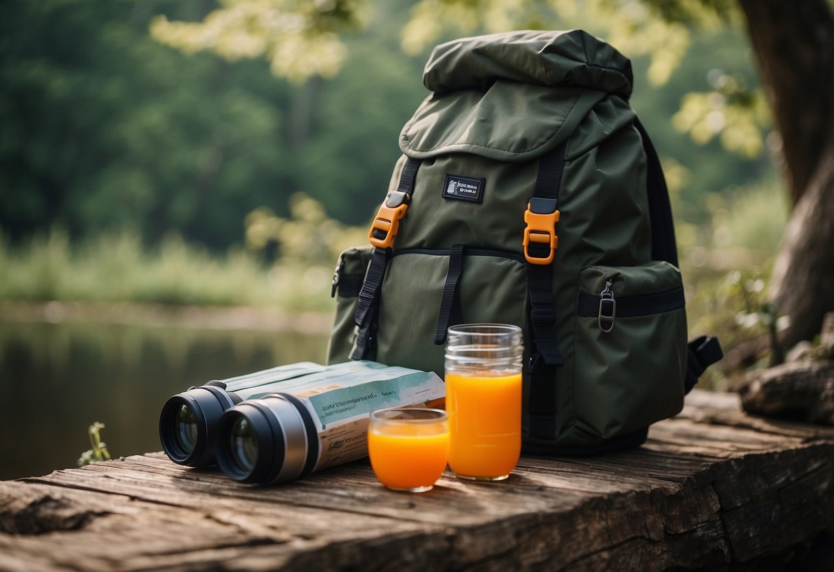 A backpack filled with snacks and water sits next to a pair of binoculars and a wildlife guidebook, ready for a day of wildlife watching in the great outdoors