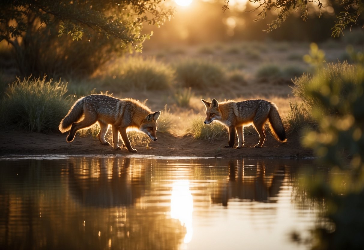 Animals gather at a watering hole, some drinking, others grooming. Birds flit between branches while a fox cautiously approaches. The setting is peaceful, with the sun casting a warm glow over the scene