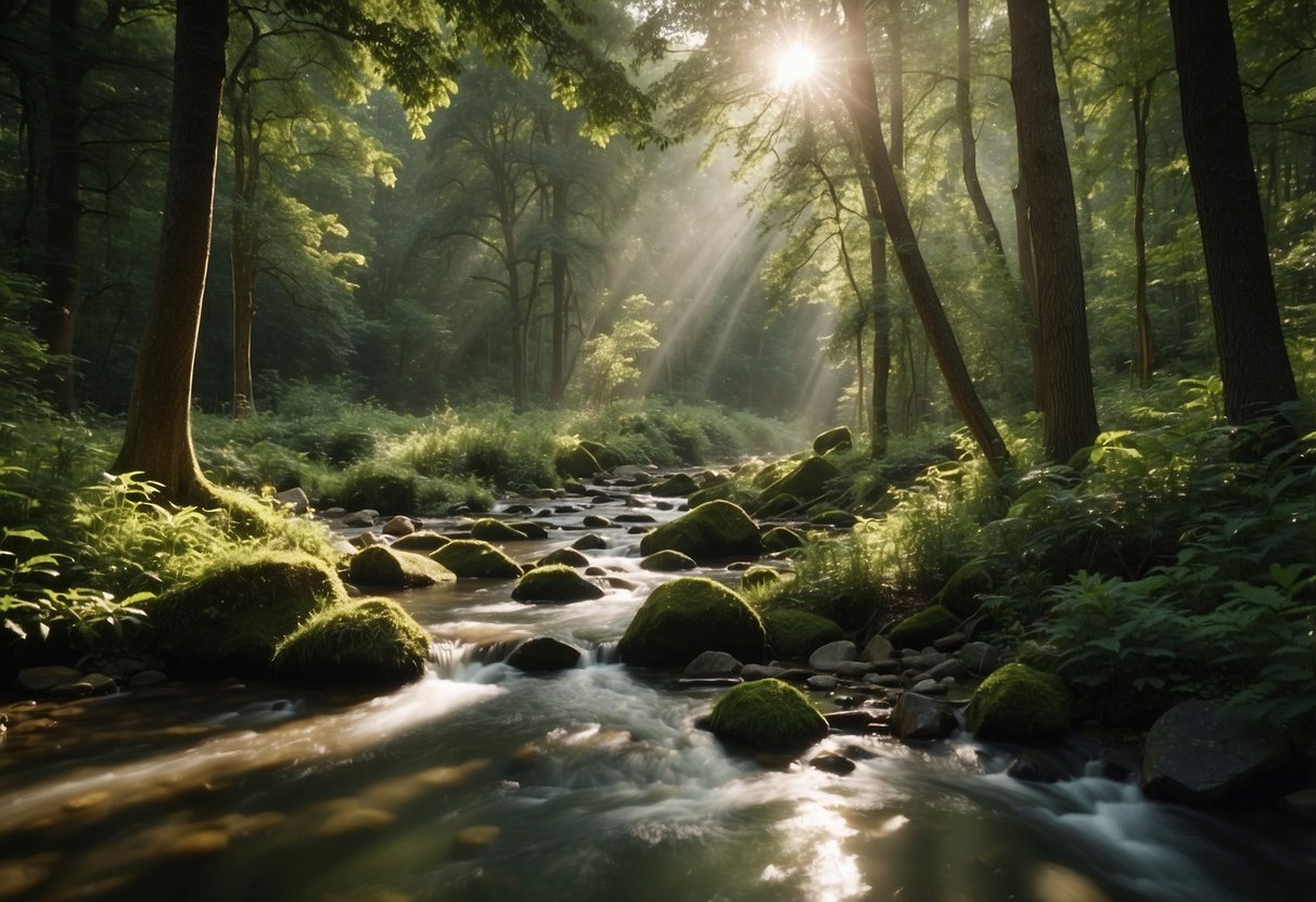 A serene forest clearing with a bubbling stream, surrounded by lush greenery and wildlife. A variety of birds, deer, and small mammals are visible, creating a peaceful and natural setting for wildlife watching