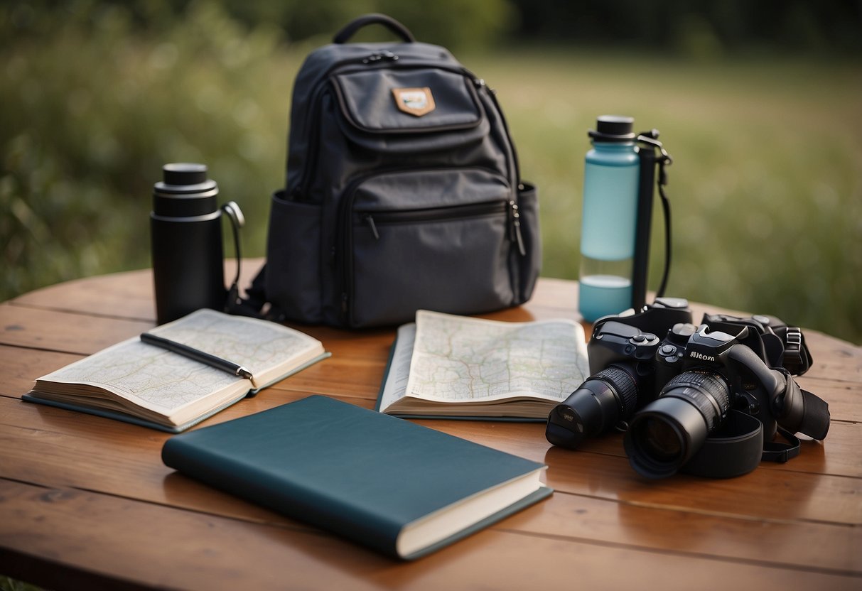 A backpack is open on a table, filled with binoculars, a field guide, and a water bottle. A map is spread out next to it, and a journal and pen are ready for notes