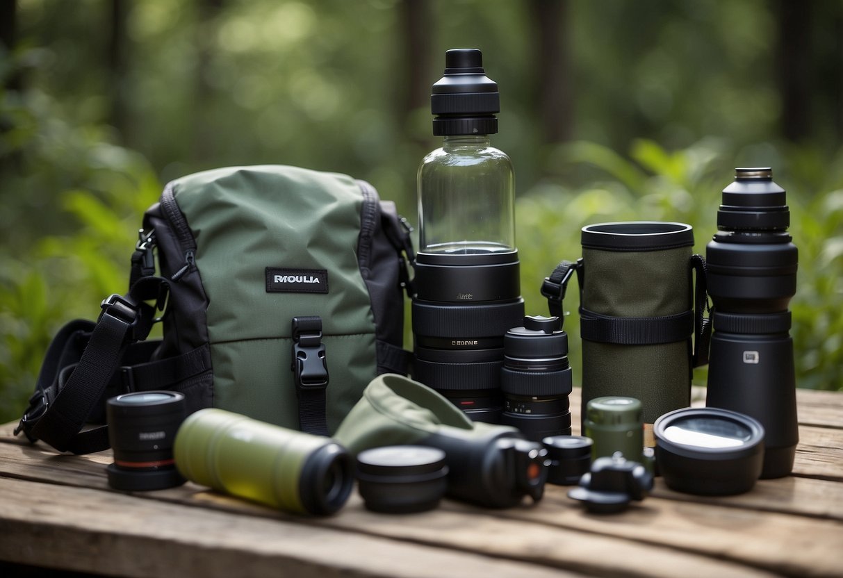 Wildlife watching gear laid out on a table: hydration packs, water bottles, and hydration bladders. Binoculars and camera gear nearby