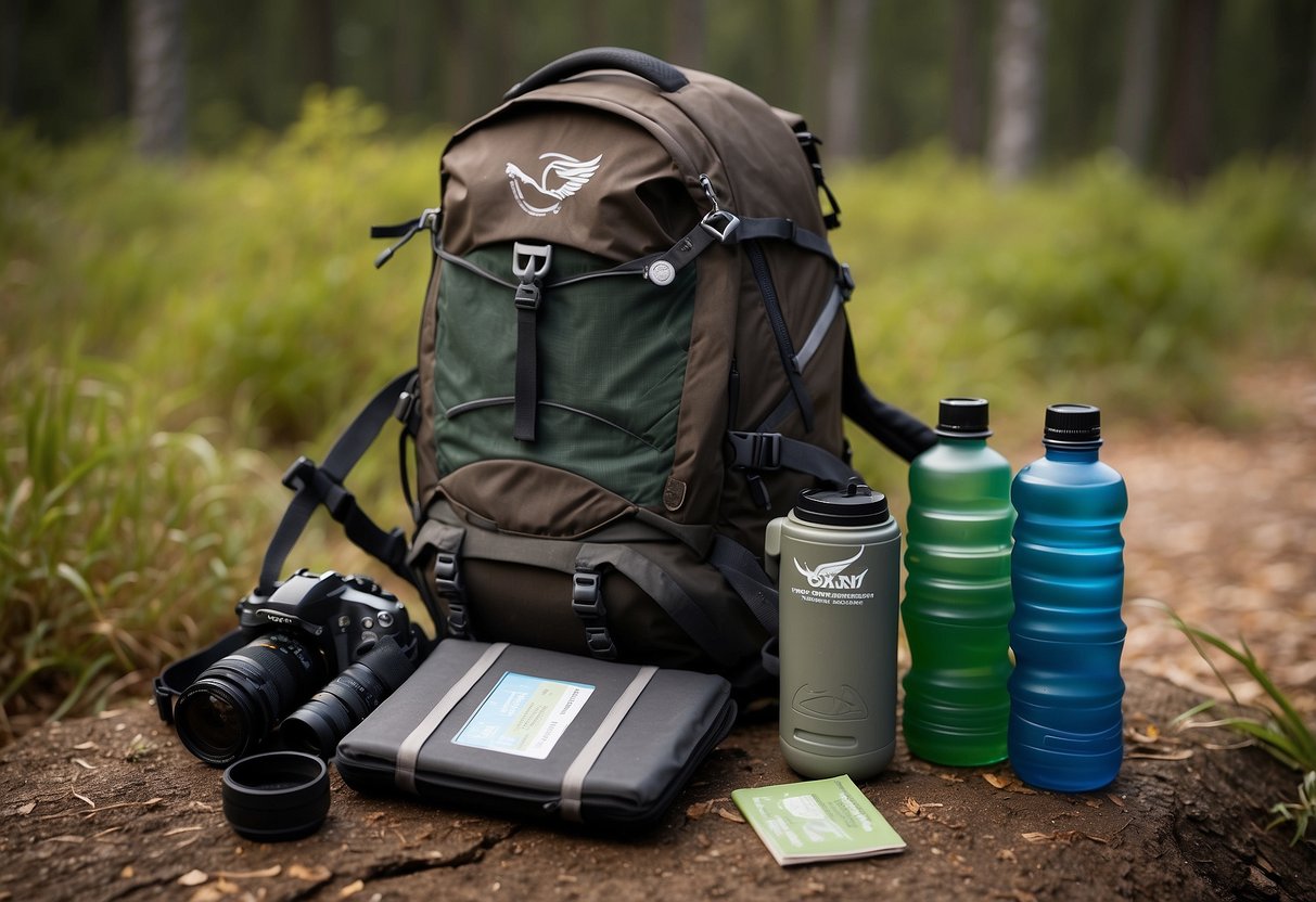 An Osprey Talon 22 backpack sits on the ground, surrounded by binoculars, a water bottle, and a wildlife guidebook. The backpack's hydration system is visible, with a tube and mouthpiece ready for use