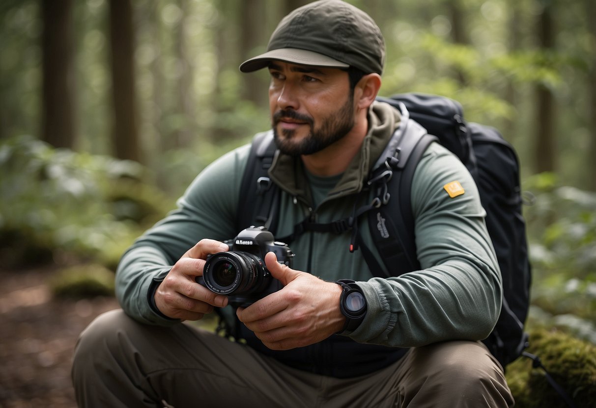 A wildlife watcher holds a HydraPak Stow 500ml, surrounded by nature, binoculars, and a camera, ready for their adventure