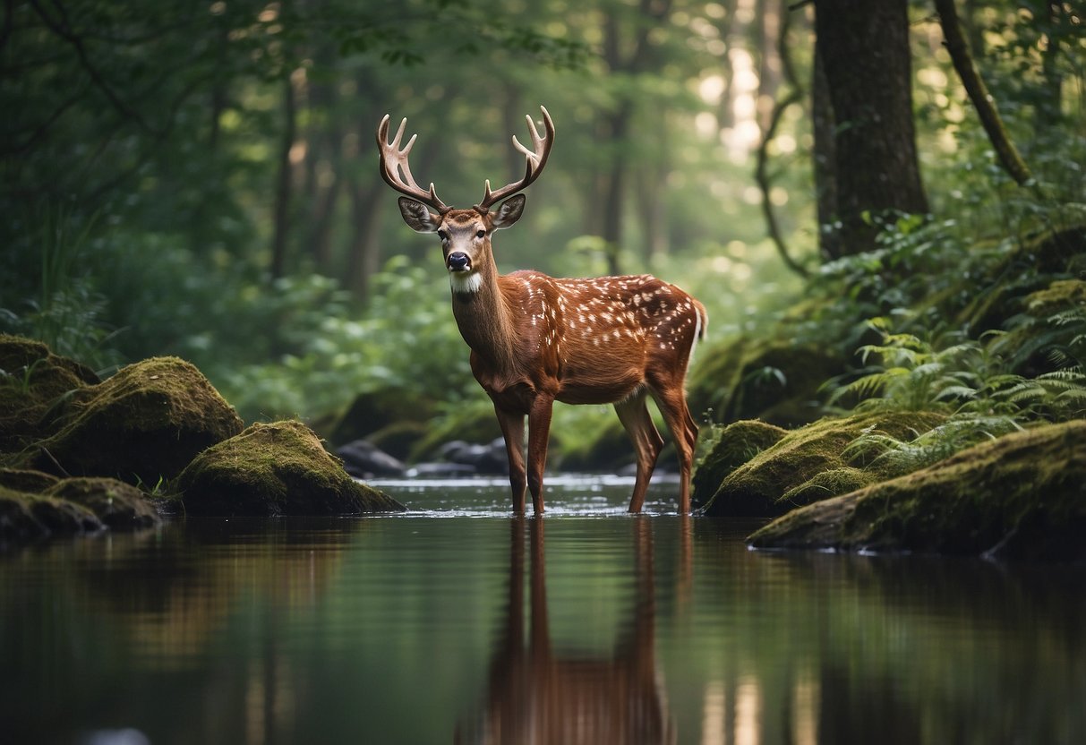 A deer drinks from a clear stream, surrounded by lush greenery. A water bottle and hydration pack sit nearby, emphasizing the importance of staying hydrated during wildlife watching trips