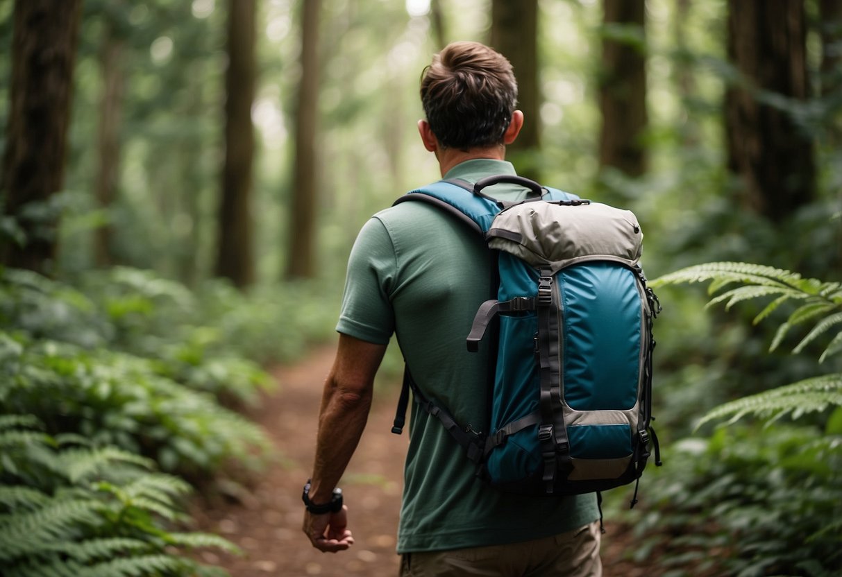 A wildlife watcher carries a hydration system on their backpack while observing animals in a lush forest. The system has a durable, leak-proof design and a convenient hands-free drinking tube