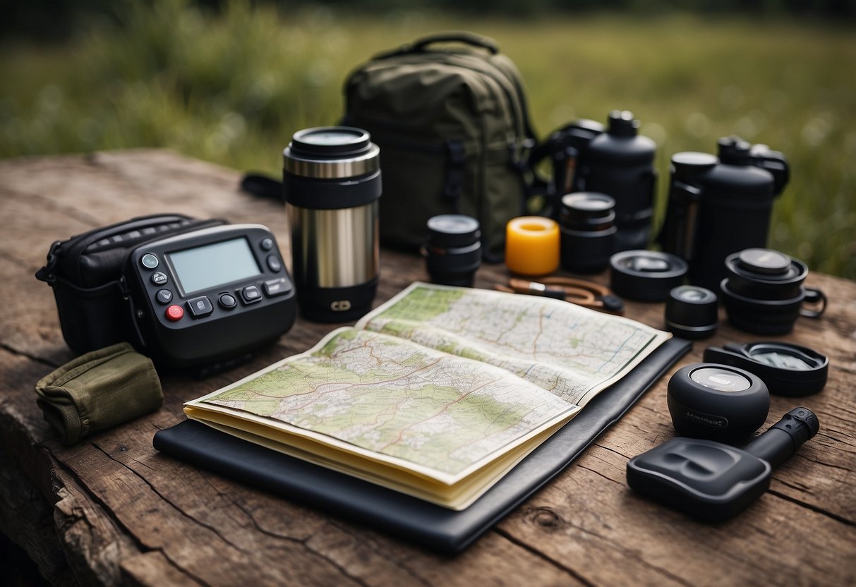 A table with a GPS device, compass, pen, logbook, backpack, water bottle, hiking boots, map, flashlight, and snacks