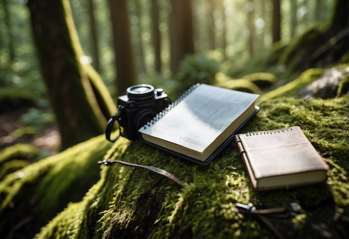 A forest clearing with a weathered logbook and essential gear items for geocaching laid out on a mossy rock, surrounded by tall trees and dappled sunlight