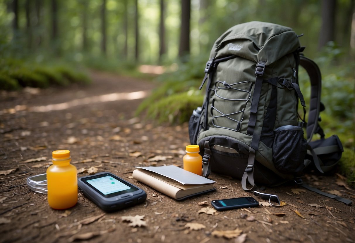 A backpack open on the ground, with a GPS device, compass, pen, notebook, water bottle, and snacks spilling out. A map and a pair of sturdy hiking boots are nearby