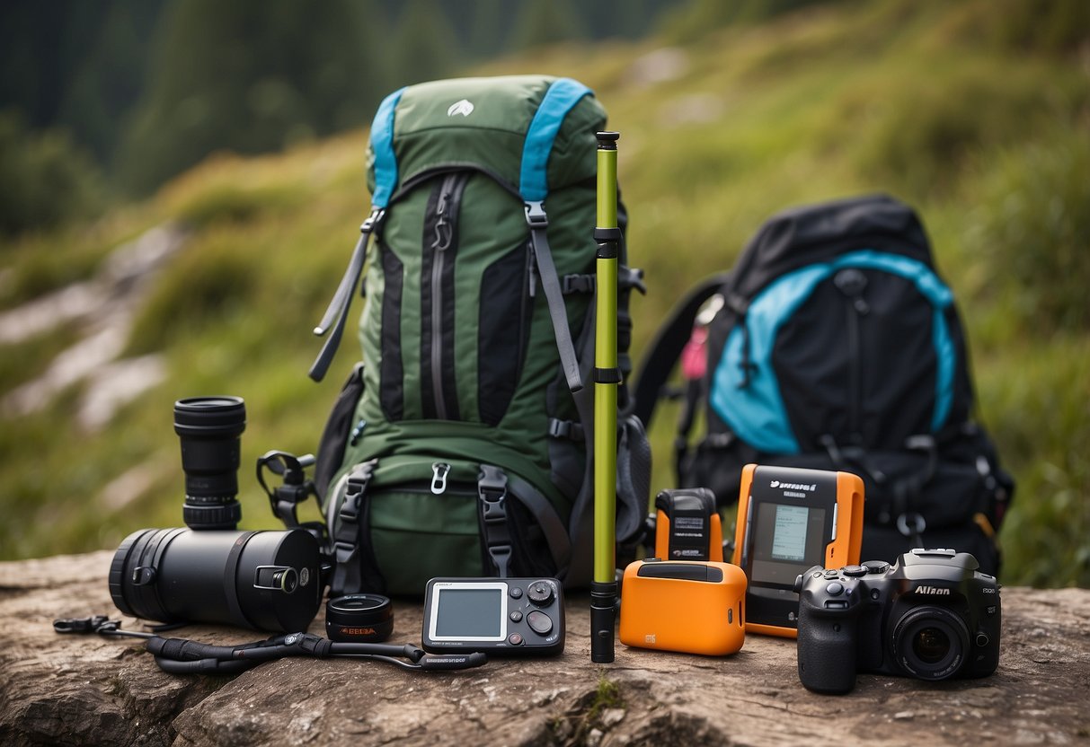 A trekking pole with anti-shock feature stands next to a backpack, GPS device, and other essential gear items for beginner geocachers