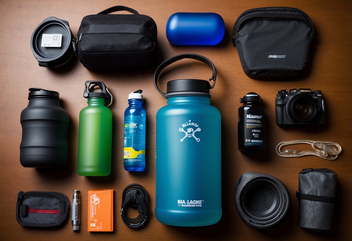 A Nalgene wide mouth water bottle sits among 10 essential gear items for beginner geocachers