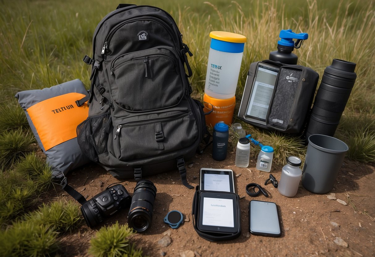 A TETON Sports Explorer backpack sits open on the ground, surrounded by 10 essential gear items for beginner geocachers. The items include a compass, GPS device, water bottle, and notebook