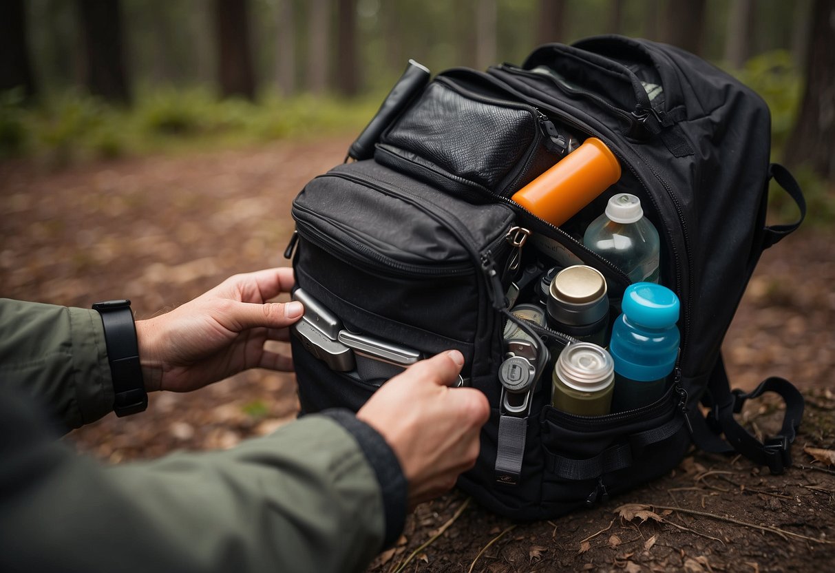 A hand reaches into a backpack, pulling out a SOFTT-W tourniquet among other essential gear items for beginner geocachers. The items are neatly organized and ready for use