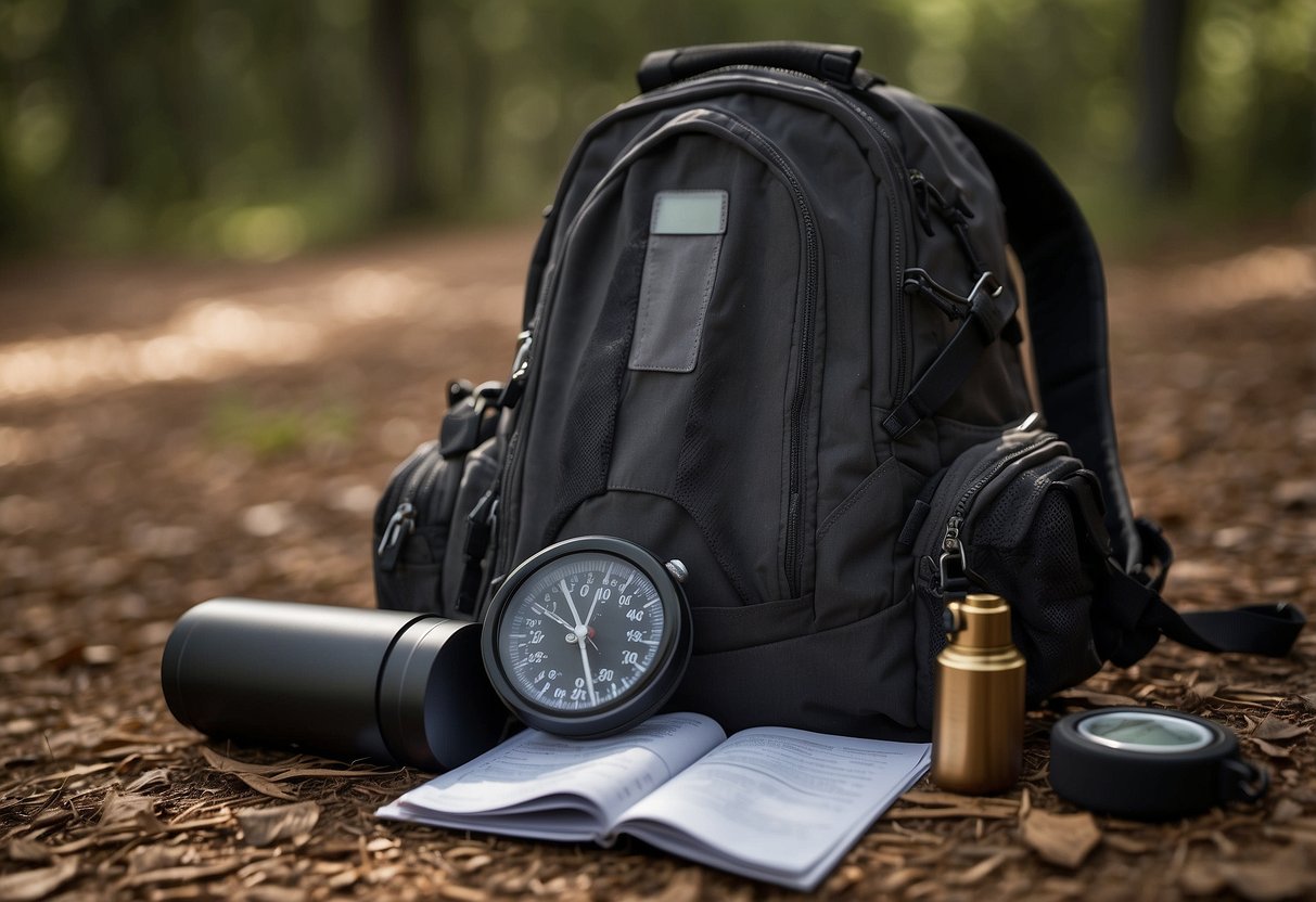 A backpack open on the ground, with a GPS device, compass, pen, logbook, and water bottle spilling out. A magnifying glass and flashlight lay nearby