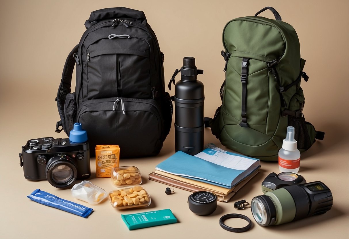 A backpack open on the ground with a GPS device, compass, water bottle, notebook, pen, flashlight, sunscreen, bug spray, first aid kit, and snacks spread out