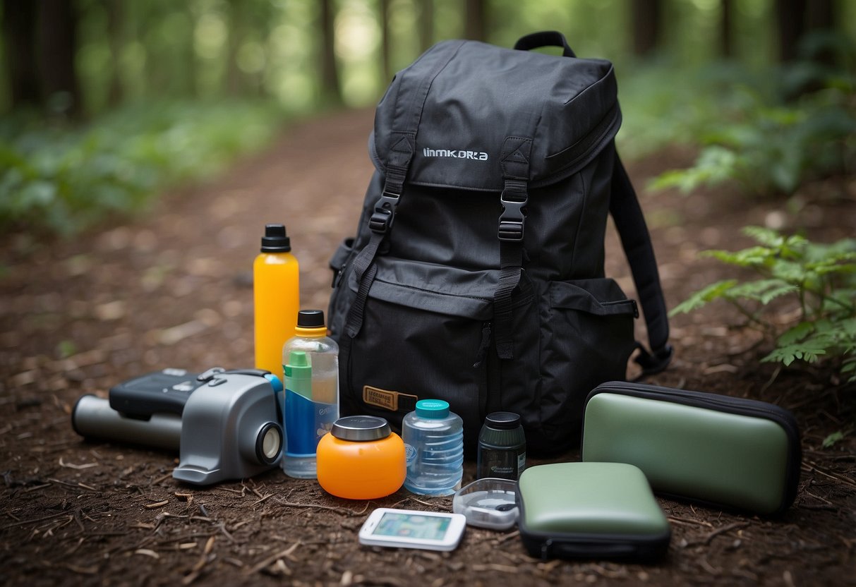 A backpack open on the ground, with a GPS device, compass, pen, notebook, water bottle, flashlight, first aid kit, multi-tool, insect repellent, and snacks scattered around it