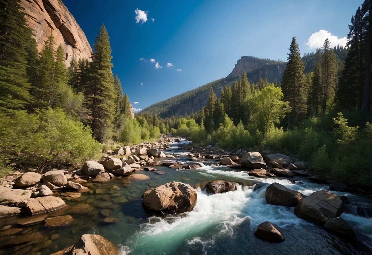 Lush forest with hidden caches, rocky cliffs, and flowing rivers in national parks. Wildlife peeking from dense foliage. Clear blue skies above