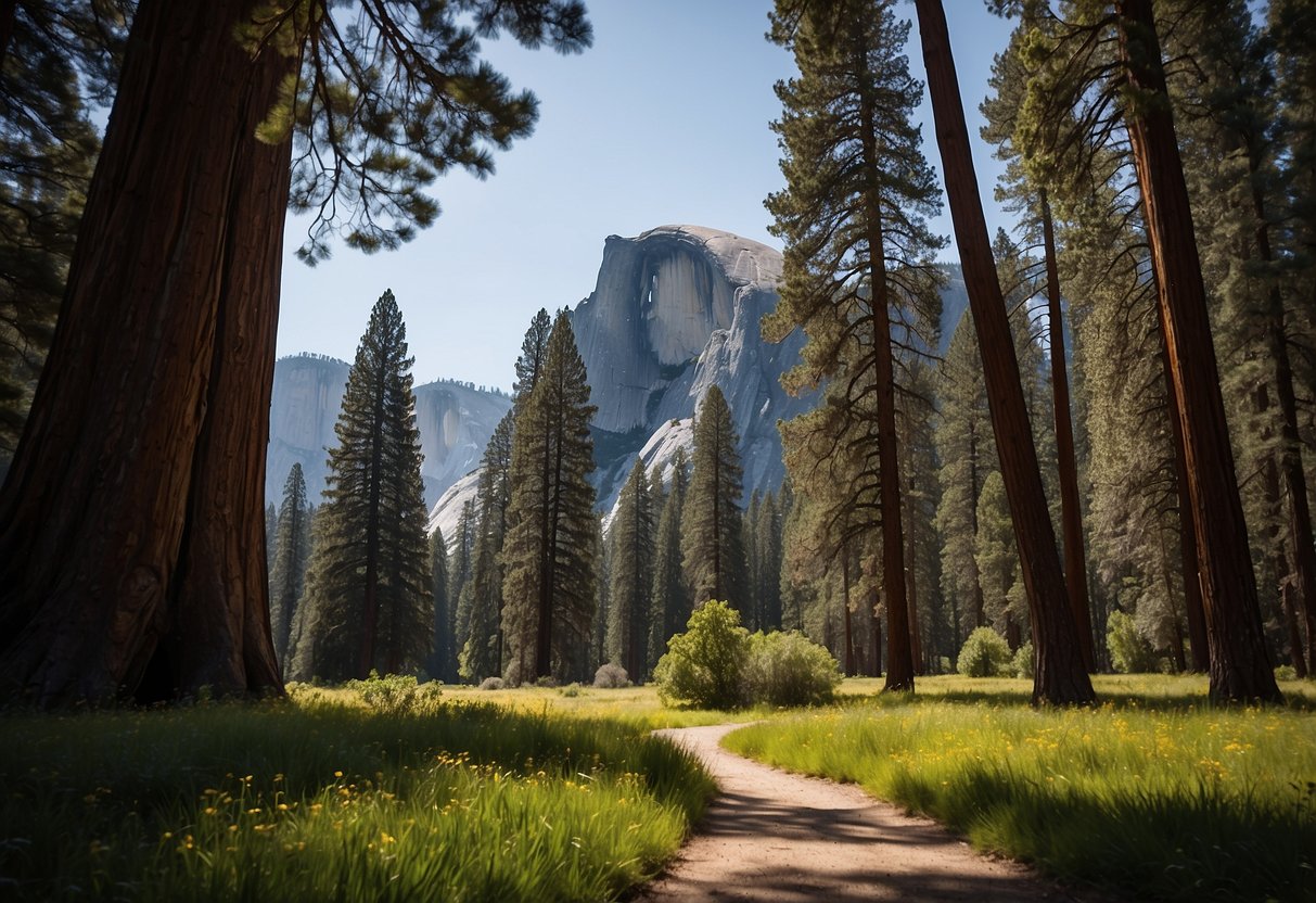 The iconic Half Dome rises majestically against a backdrop of lush greenery in Yosemite National Park, a prime spot for geocaching