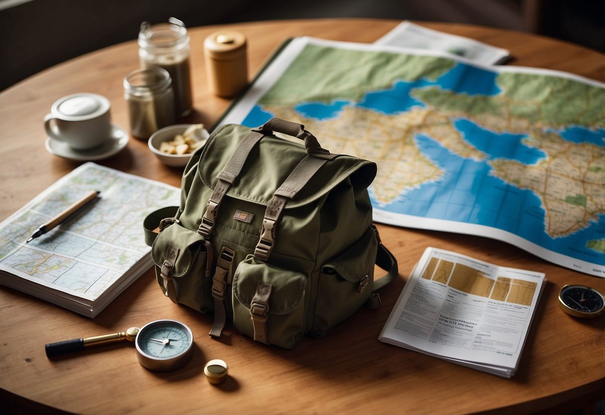 A table with a map, compass, and GPS device. A backpack with water and snacks. Safety whistle and first aid kit nearby. National park brochures and guidebooks spread out