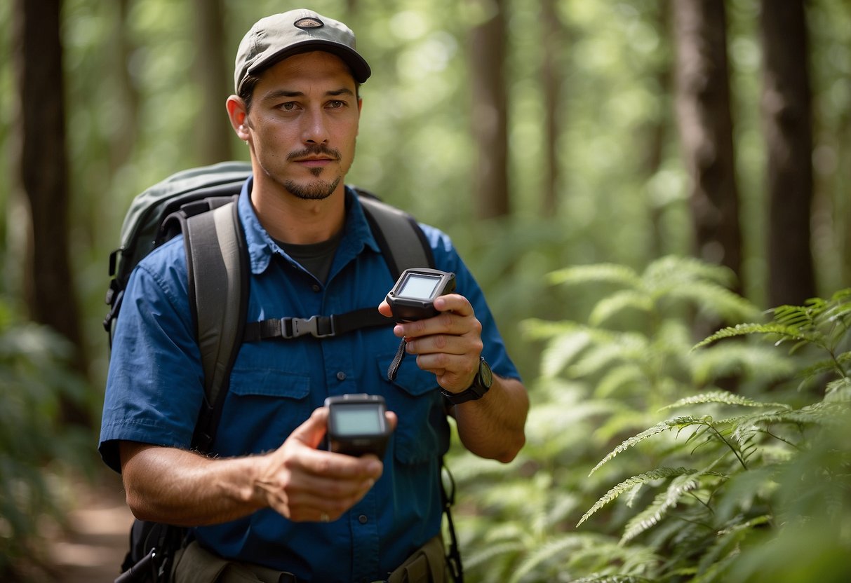 A geocacher holds a GPS device, scanning the area for hidden caches. A trail winds through a lush forest, with a clear blue sky above. The geocacher looks determined, ready to improve their skills