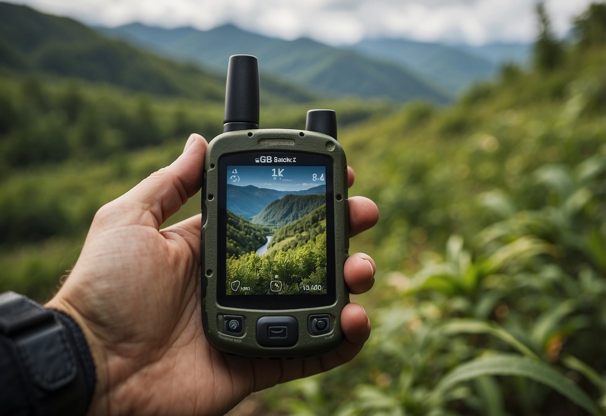 A hand-held GPS device with a clear screen, surrounded by lush green foliage and a rugged terrain, with a geocache hidden in the distance