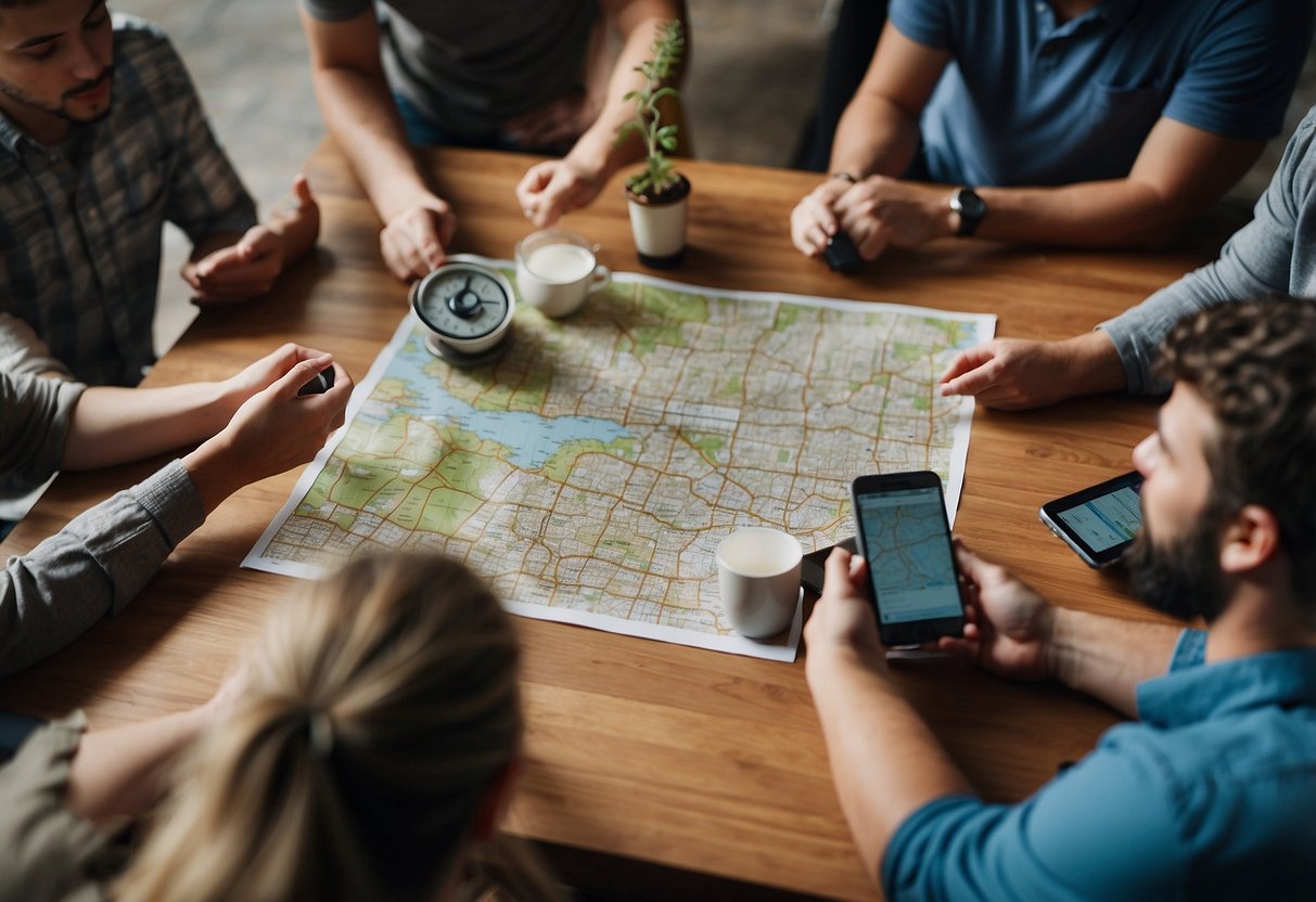 A group of people gather around a table covered in maps and GPS devices, discussing geocaching strategies and sharing tips for improving their skills