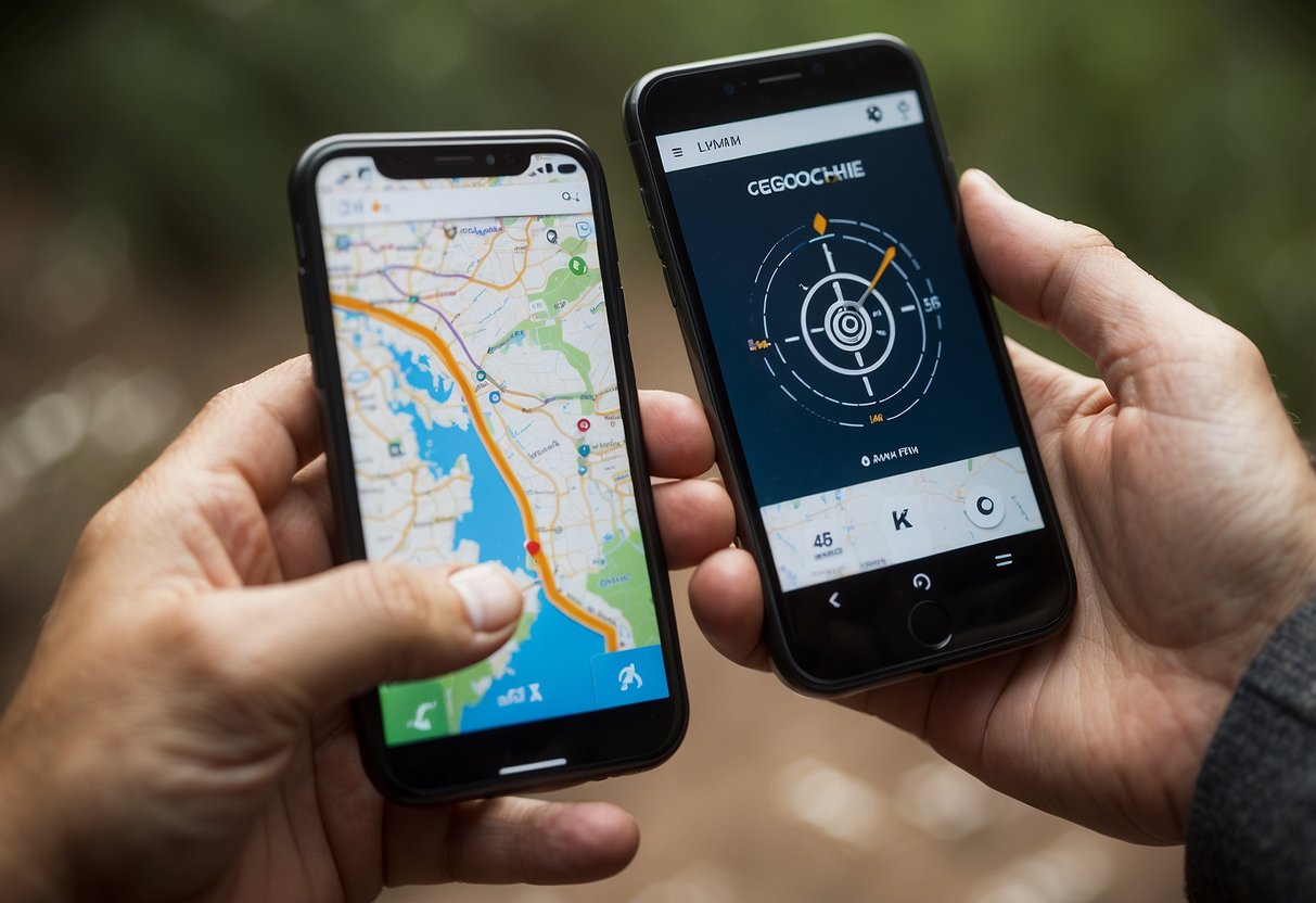 A hand holding a smartphone with a geocaching app open, a compass, and a map. Nearby, a GPS device and a notebook with geocache coordinates