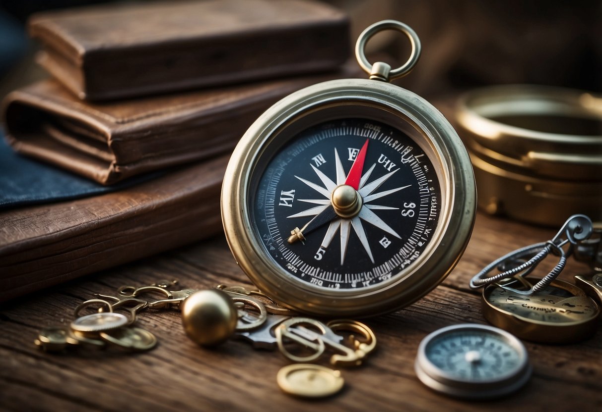 A compass pointing towards a hidden treasure, surrounded by various puzzle-solving tools and geocaching equipment