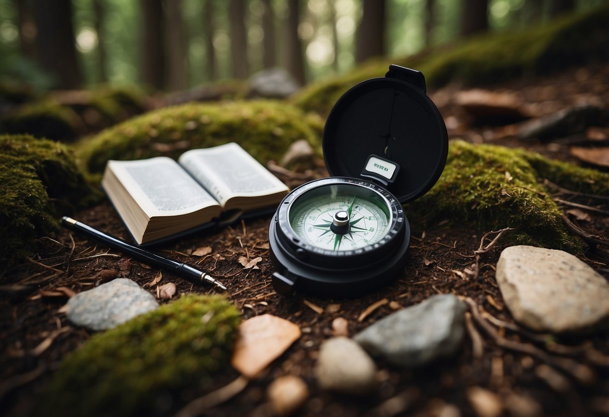 A compass, GPS device, map, pen, and notebook lay on a forest floor surrounded by trees, rocks, and hidden caches